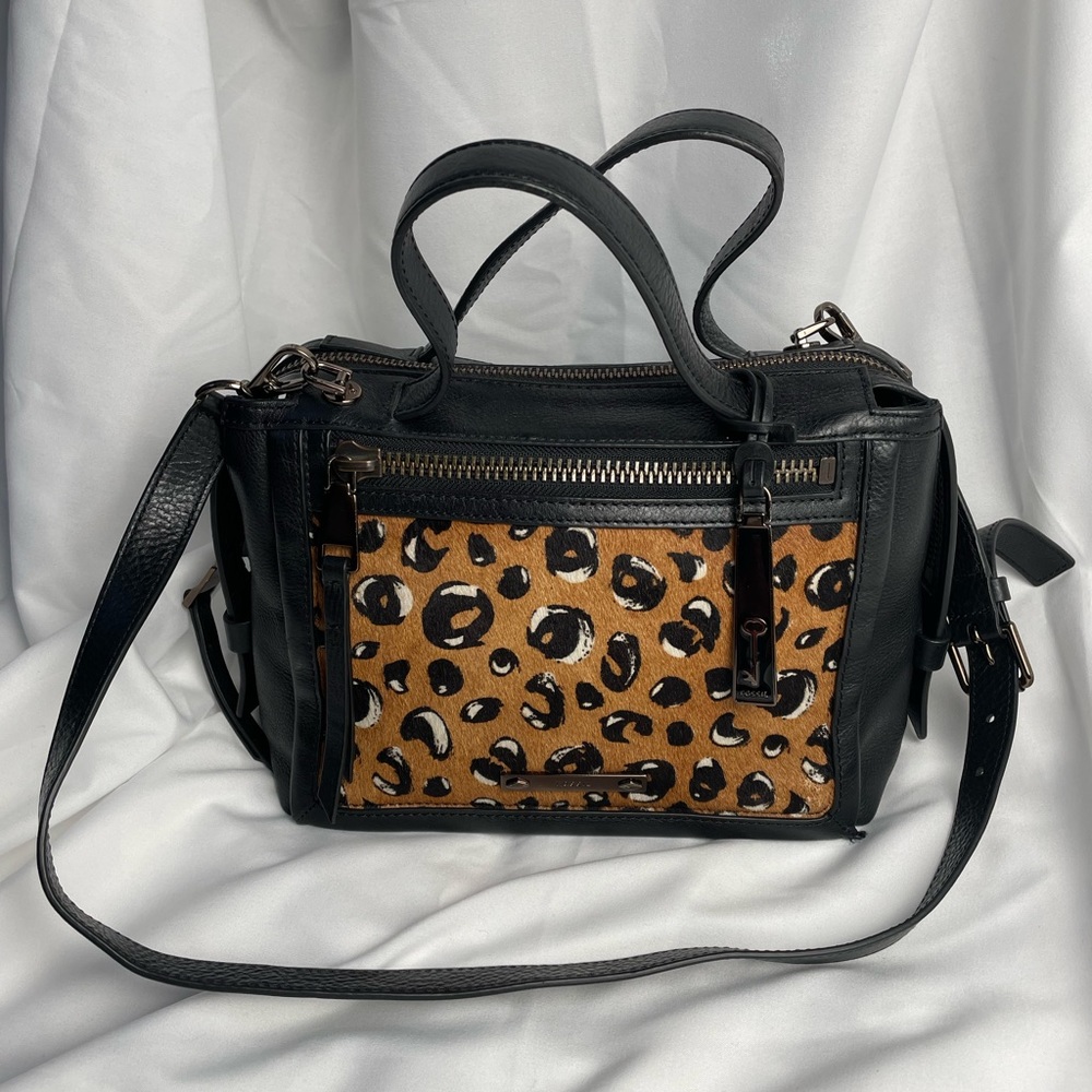 Fossil Bella Small Satchel Black Cheetah Leather Shoulder Bag